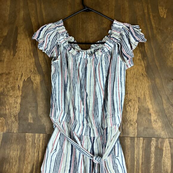 LOFT Beach Womens Romper Tan Multi Striped Linen Blend Smock Neck Flutter M - Picture 2 of 12